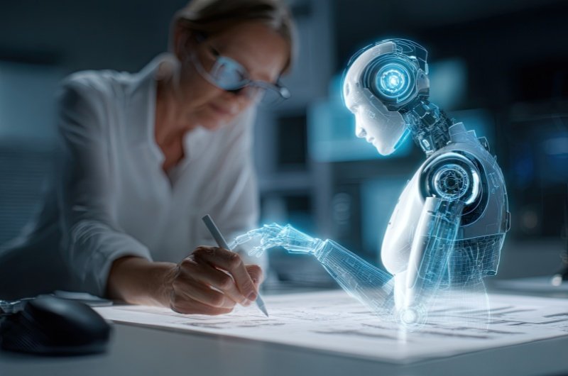 A woman works closely with AI on large digital interface.