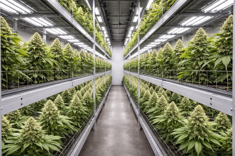 Cannabis plants grow inside a regulated indoor cultivation facility as federal officials move toward reclassifying marijuana.