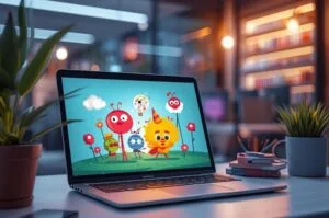 AI-generated animated characters are created on a laptop.