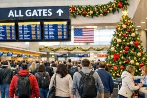 Holiday travelers walk through airport during one of the busiest times of the year.