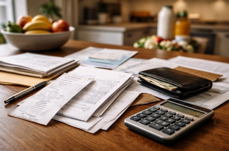 Household bills and receipts spread across a kitchen table highlight the growing strain on family budgets.