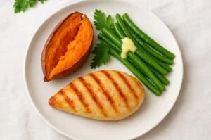 Serving suggestion: sweetpotato, green beans, and grilled chicken breast