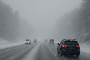 Drivers navigate reduced visibility as snow and strong winds sweep across the Great Lakes region on Thursday.