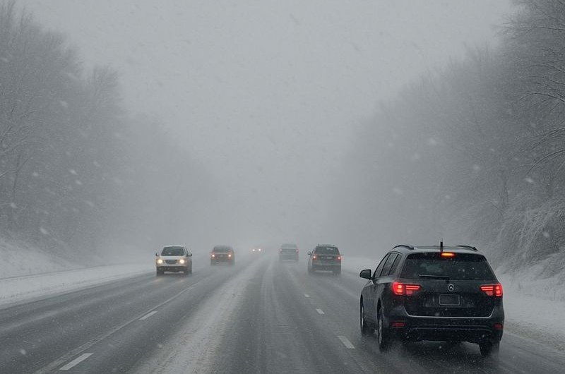 Drivers navigate reduced visibility as snow and strong winds sweep across the Great Lakes region on Thursday.