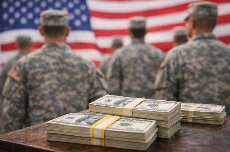 Stacks of cash symbolize new dividend for U.S. military troops.