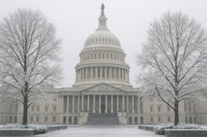 The Capitol stands calm under falling snow as lawmakers brace for a tense funding deadline.