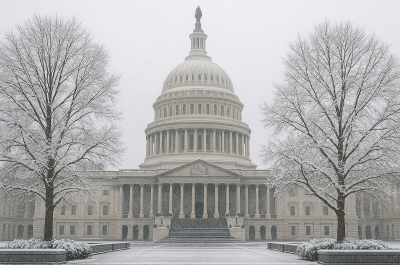 The Capitol stands calm under falling snow as lawmakers brace for a tense funding deadline.
