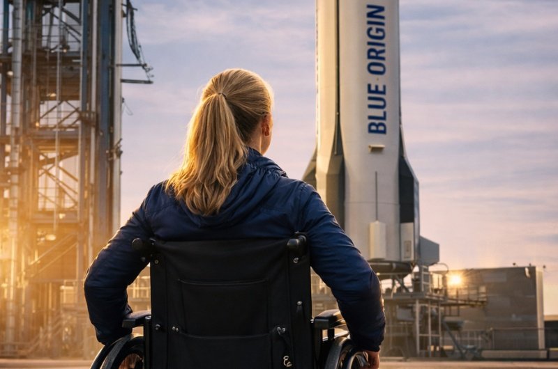 A woman in a wheelchair looks up at the Blue Origin rocket ahead of the historic accessibility-focused flight.