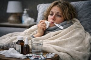 A woman rests at home with a fever as a severe "super flu" wave spreads across several U.S. states.