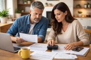 A couple prepare their tax returns.