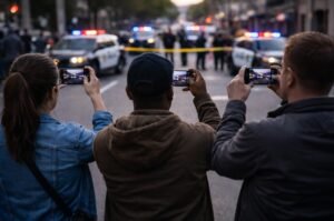 Bystanders record an active police scene, capturing moments that later become central to how the public understands unfolding events.
