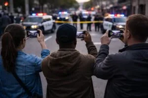 Bystanders record an active police scene, capturing moments that later become central to how the public understands unfolding events.