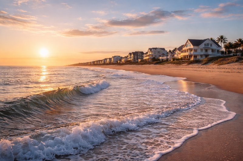 Gentle waves roll in just after sunrise along a quiet stretch of coastline, reflecting the slower rhythm of coastal living beyond peak tourist season