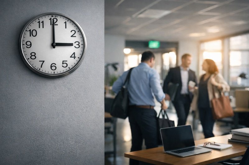 Employees prepare to leave the office at 3:00 PM, reflecting a shorter workday.