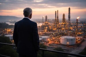 n executive surveys operations at a major oil refinery.