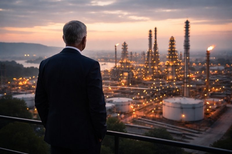 n executive surveys operations at a major oil refinery.