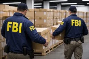An illustrative image shows federal agents handling boxed election records in a storage facility.