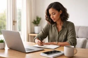A woman taking a deliberate approach to her work.