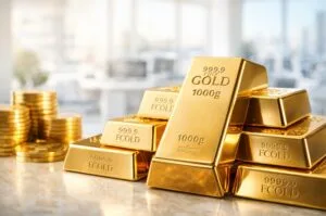 Gold bars reflect soft daylight as investors turn to safe-haven assets amid ongoing market uncertainty.