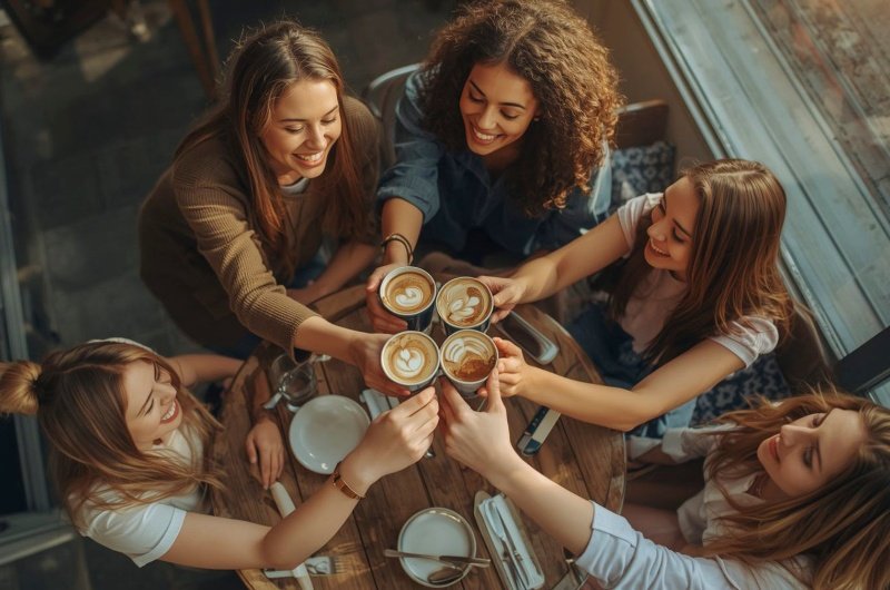Friends toast coffee at a café, reflecting a growing shift toward socializing without alcohol.