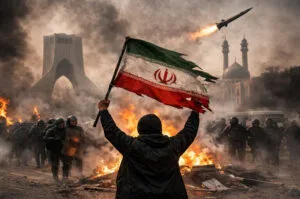 An Iranian protester raises a damaged national flag during clashes with security forces amid escalating nationwide unrest.