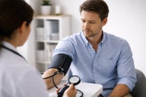A patient has his blood pressure checked during a routine medical visit.