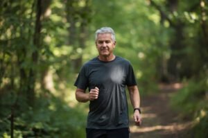Middle-aged man walking outdoors for mental clarity.