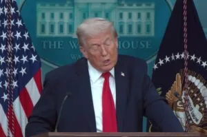 President Trump reviews his administration's 2025 achievements during a press briefing.