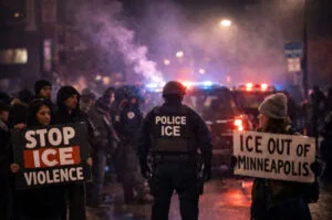 Federal immigration officers face protesters in Minneapolis following a late-night enforcement incident.