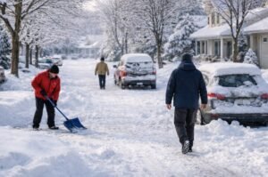 Residents shovel driveways and dig out vehicles following heavy snowfall and lingering winter conditions.