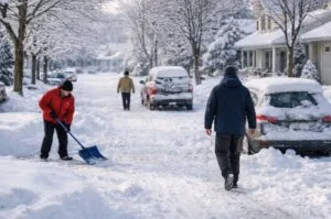 Residents shovel driveways and dig out vehicles following heavy snowfall and lingering winter conditions.