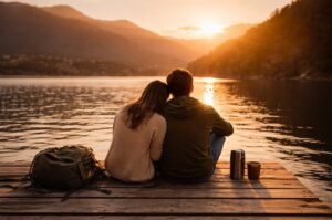 Couple enjoys a serene sunset by the lake.