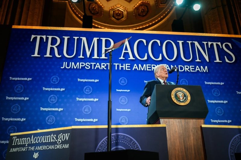 President Donald Trump speaks at the White House event announcing the launch of Trump Accounts, a new federal program designed to provide government-seeded investment accounts for newborns.