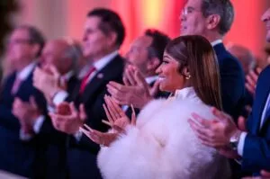 Rap artist Nicki Minaj reacts during the official launch of Trump Accounts in Washington, where she pledged up to $300,000 to support investment accounts for her fans’ children.