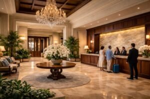 A luxury hotel lobby and check-in area, reflecting the design, service, and experience standards highlighted in the newly released 2026 hotel rankings.