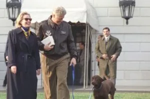 Former President Bill Clinton and Former Secretary of State Hillary Clinton photographed while walking their dog.