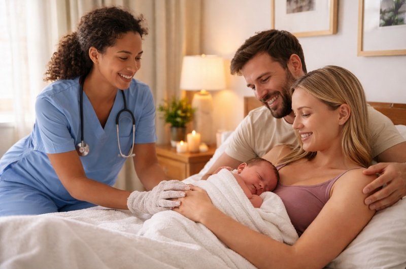 A midwife supports new parents following a home birth, reflecting a growing interest in personalized care outside traditional hospital settings.