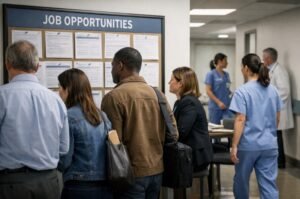 Job seekers review employment listings as private-sector hiring slowed in January, reflecting a cooling but stable U.S. labor market.