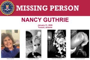 An FBI-issued flyer displays Nancy Guthrie and images of an unidentified individual seen near her home before she vanished.