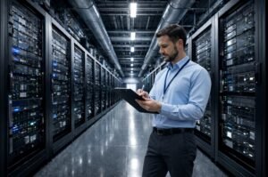 An engineer inspects servers inside a high-performance data center powering the AI infrastructure surge.
