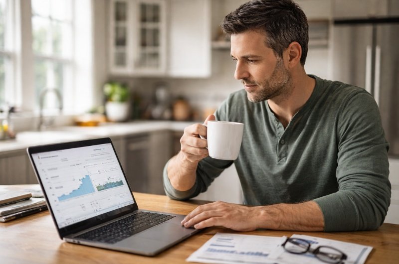 A professional reviews his investment portfolio at home as tech sector layoffs continue into 2026.