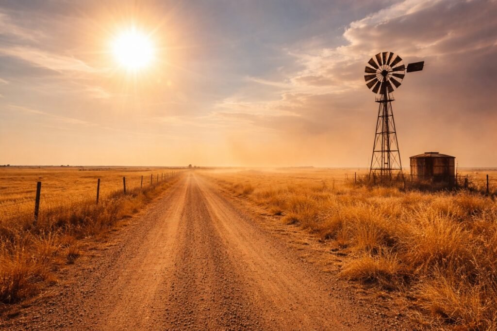 Fire weather expected as sun scortches country road.