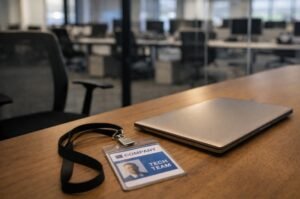 A tech ID badge and laptop sit on a table as tech jobs cuts continue.