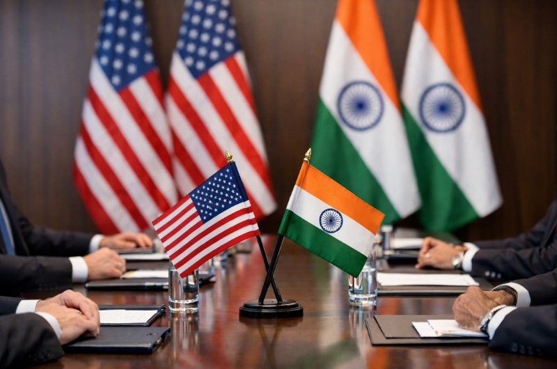 U.S. and Indian flags are displayed during a diplomatic meeting, symbolizing expanding trade and strategic cooperation between the two nations.