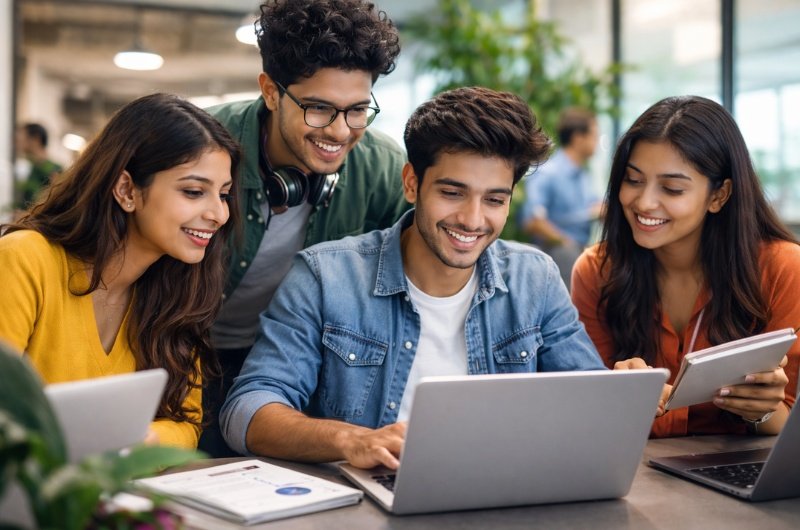 Young professionals in India collaborate using AI tools as the country’s 18–24-year-olds drive nearly half of ChatGPT usage nationwide.