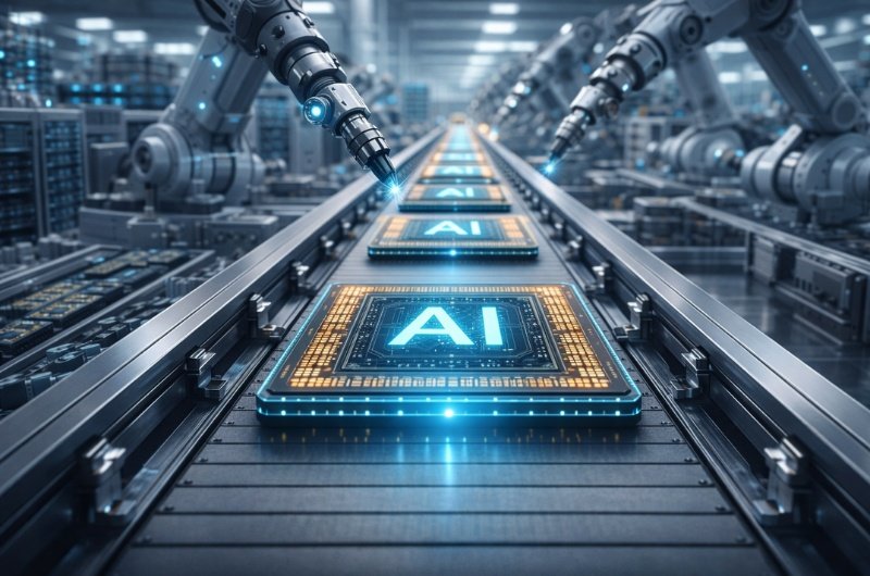 Advanced AI chips move through an automated assembly line as companies race to control the infrastructure powering the next generation of artificial intelligence.