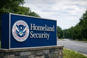 The U.S. Department of Homeland Security headquarters sign stands outside a secured facility, representing one of the nation’s central agencies for domestic protection and enforcement.
