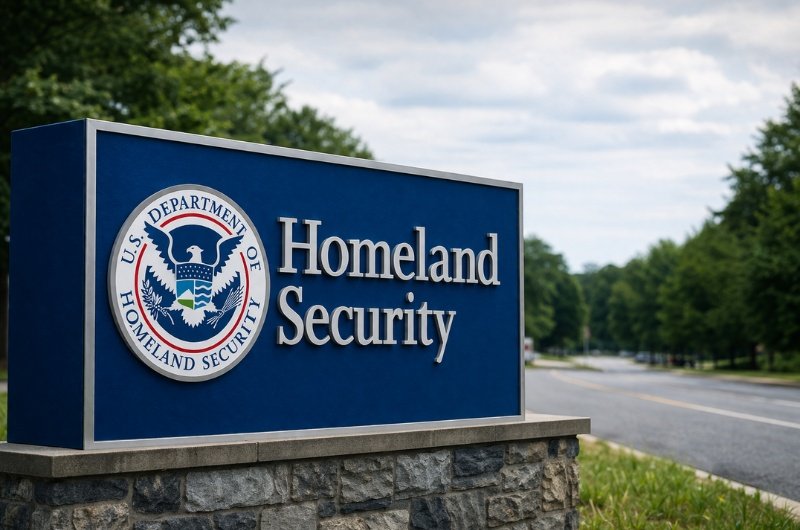 The U.S. Department of Homeland Security headquarters sign stands outside a secured facility, representing one of the nation’s central agencies for domestic protection and enforcement.