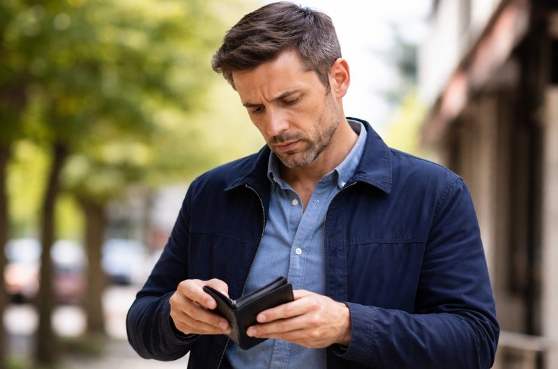 A man looks into his wallet as global conflict begins to ripple into everyday expenses across the U.S.