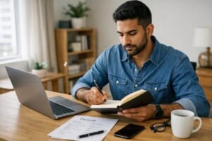 A small business owner organizes critical account information, highlighting the growing need for secure digital access planning in an increasingly online world.